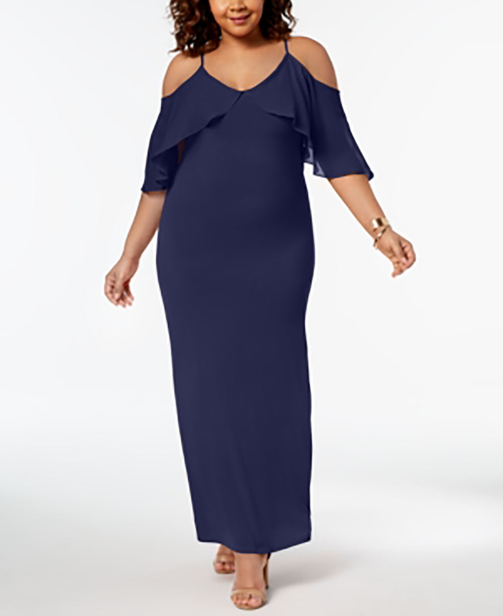 Vestido longo plus size de chiffon com ombros descobertos, azul marinho, tamanho 2X, da coleção NY para mulheres