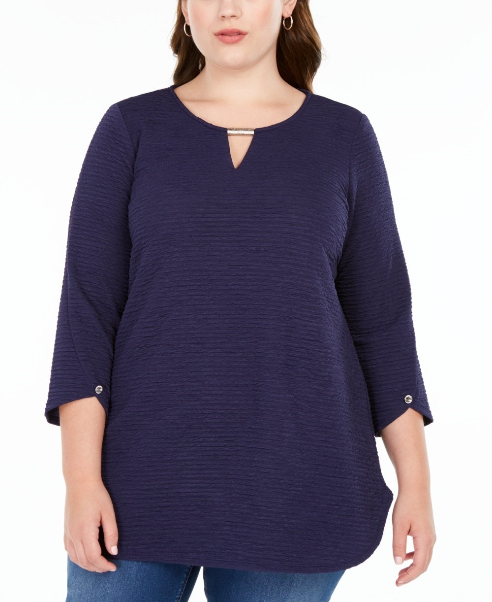 Túnica feminina NY Collection com bainha arredondada, azul, tamanho 1X