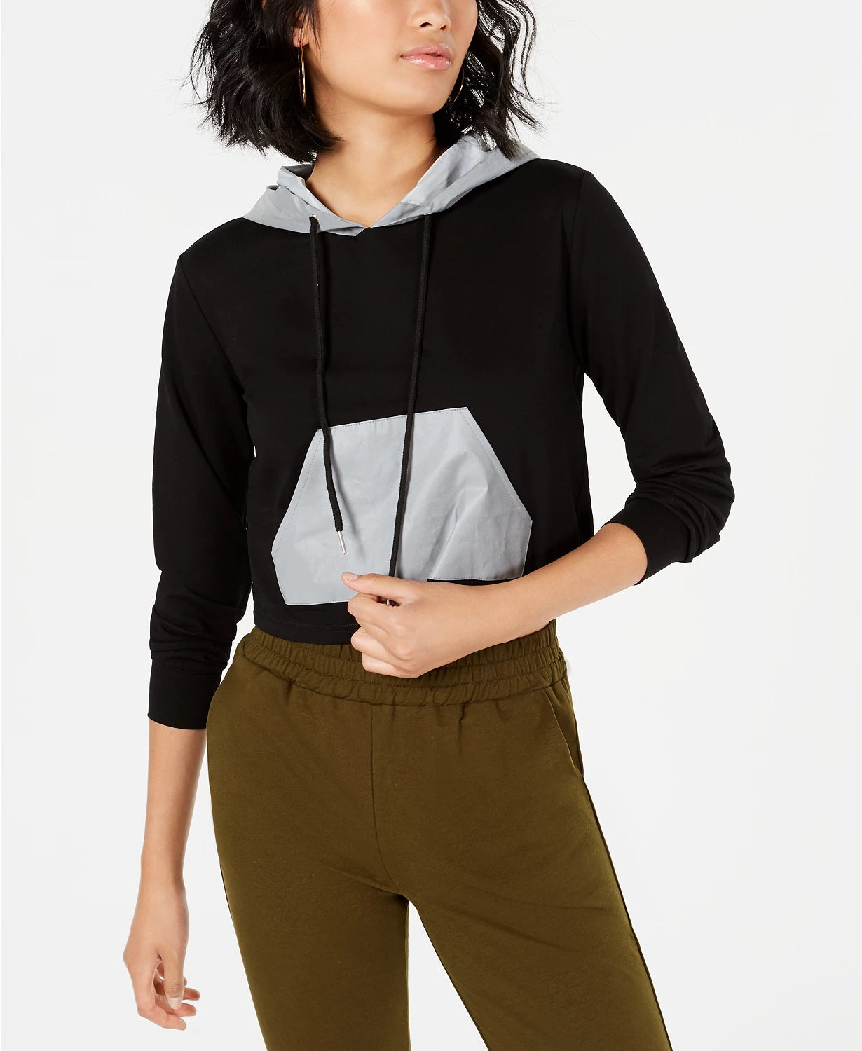 Moletom com capuz refletivo contrastante feminino, preto, tamanho pequeno