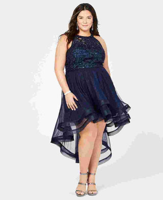 Vestido feminino plus size da moda Say Yes To The Prom, azul, com decote alto e baixo, tamanho 24
