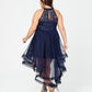 Vestido feminino plus size da moda Say Yes To The Prom, azul, com decote alto e baixo, tamanho 24