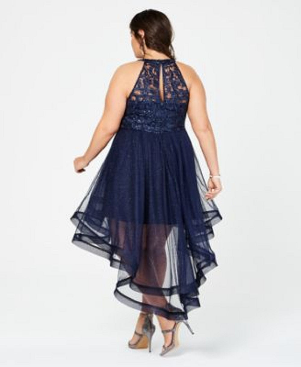 Vestido feminino plus size da moda Say Yes To The Prom, azul, com decote alto e baixo, tamanho 24