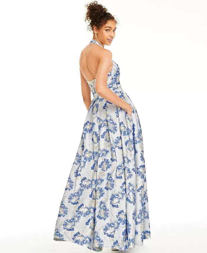 Vestido de brocado floral metálico com alças finas Speechless Juniors, azul, tamanho 9