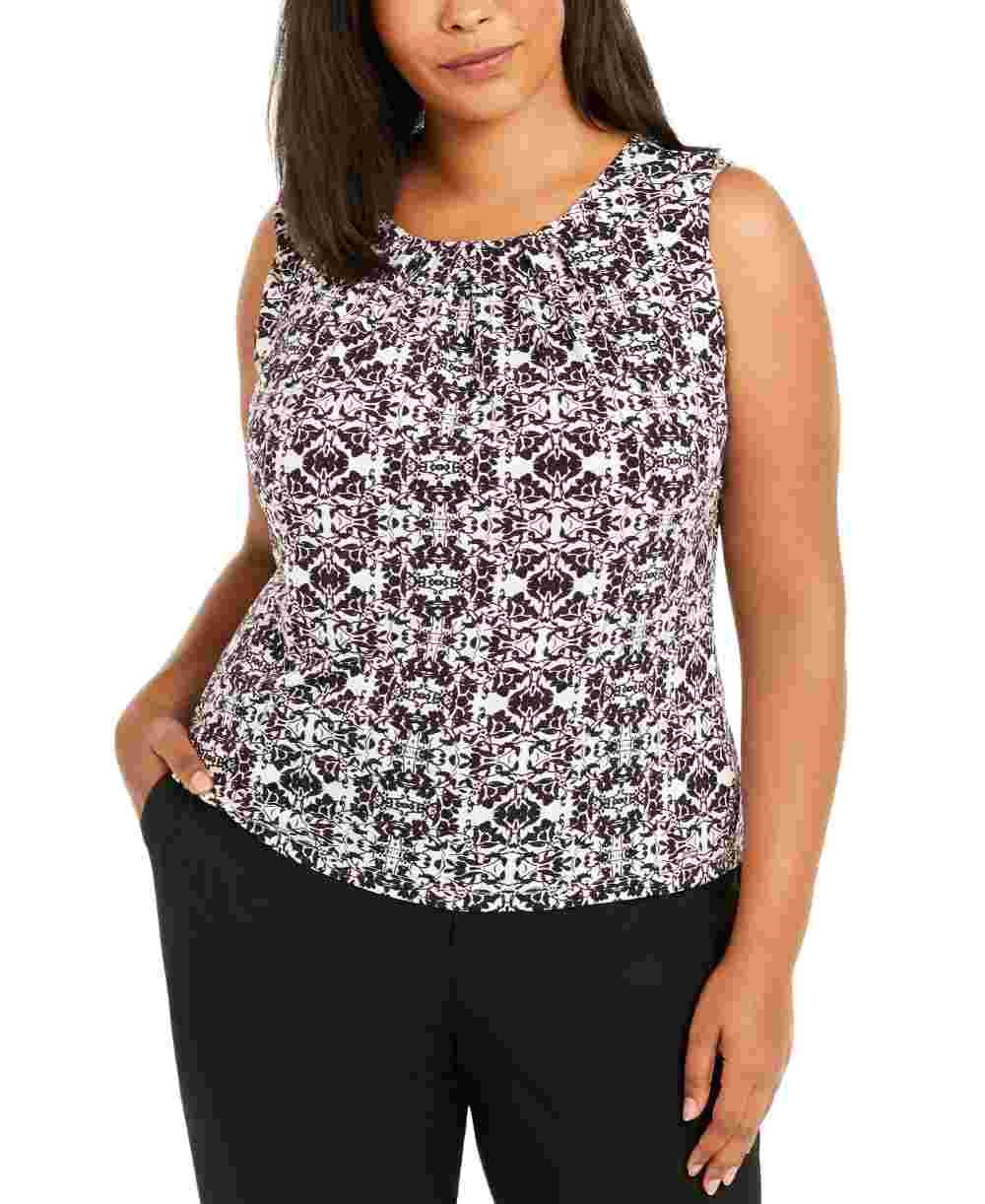 Blusa feminina Calvin Klein sem mangas estampada com pregas e gola alta, preta, tamanho 1X
