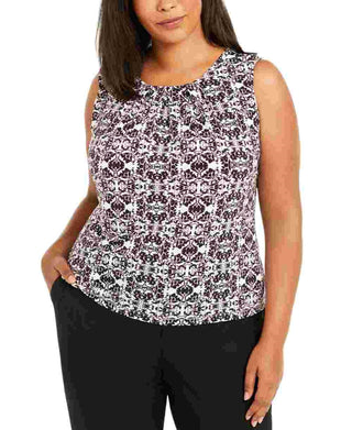 Blusa feminina Calvin Klein sem mangas estampada com pregas e gola alta, preta, tamanho 1X