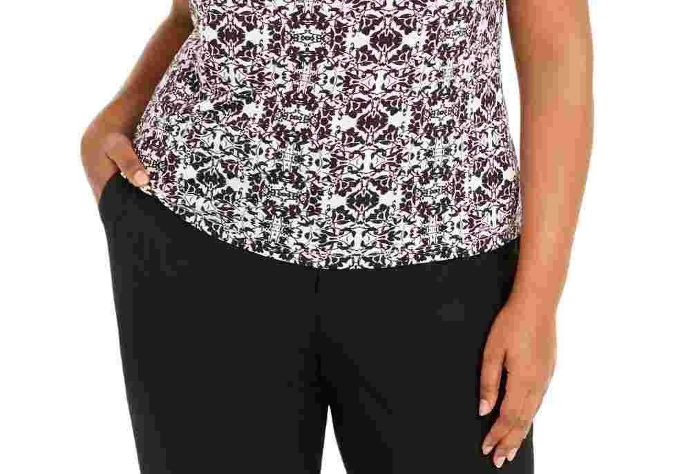 Blusa feminina Calvin Klein sem mangas estampada com pregas e gola alta, preta, tamanho 1X