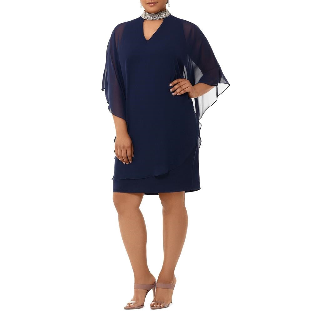 Vestido de noite feminino Xscape Kimono com mangas halter e comprimento até o joelho, turquesa, tamanho 18W