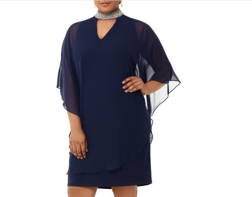 Vestido de noite feminino Xscape Kimono com mangas halter e comprimento até o joelho, turquesa, tamanho 18W