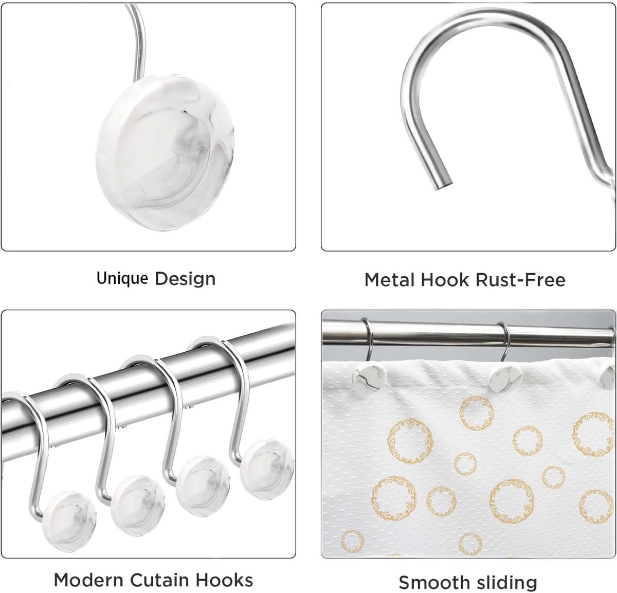 Conjunto de 12 ganchos para cortinas de chuveiro resistentes à ferrugem - 6 designs! 