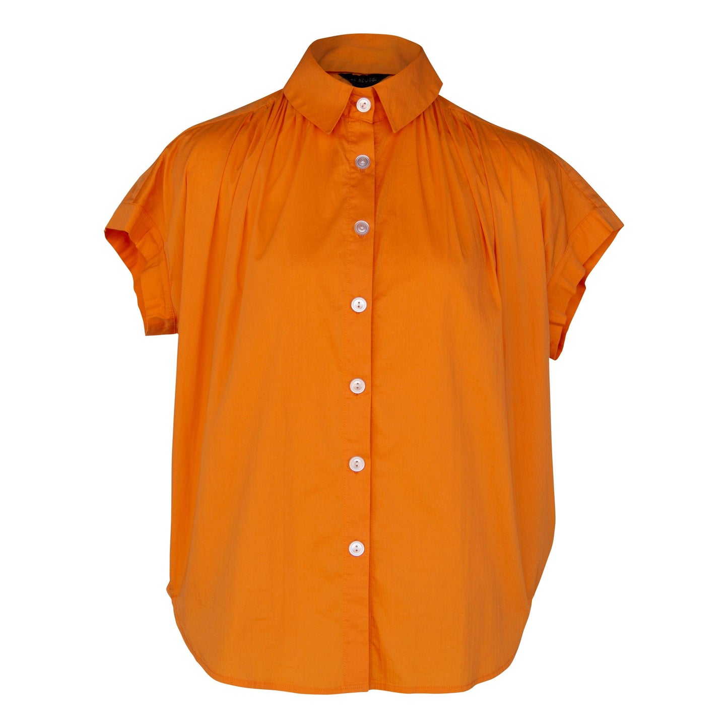 Camisa feminina com gola franzida em laranja – Blusa franzida estilosa