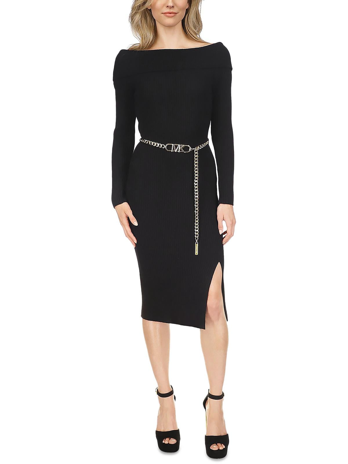 Vestido Michael Michael Kors com cinto canelado e corrente, preto, tamanho G