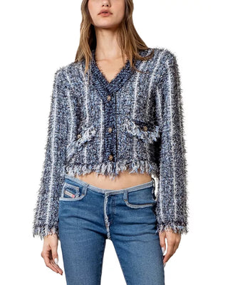 Cardigan curto de malha texturizada Moon River azul tamanho G