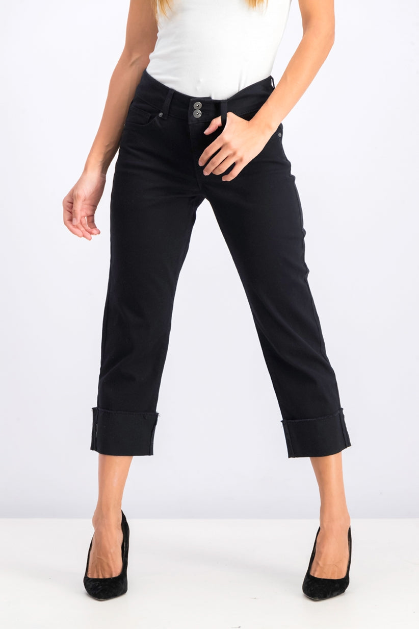 Calça jeans capri feminina estilo &amp; co com punho alto, preta, tamanho 12