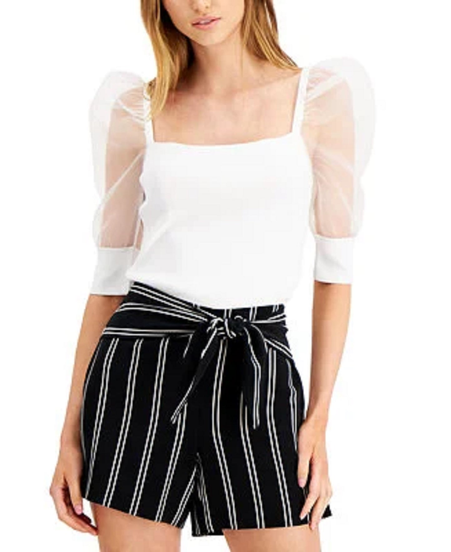 Blusa feminina Bar III com manga bufante e ilusão, branca, tamanho pequeno