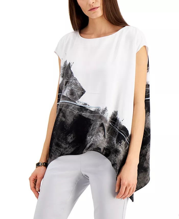 Blusa Alfani Feminina Estampa Abstrata e Bainha Assimétrica Cinza Tamanho Grande
