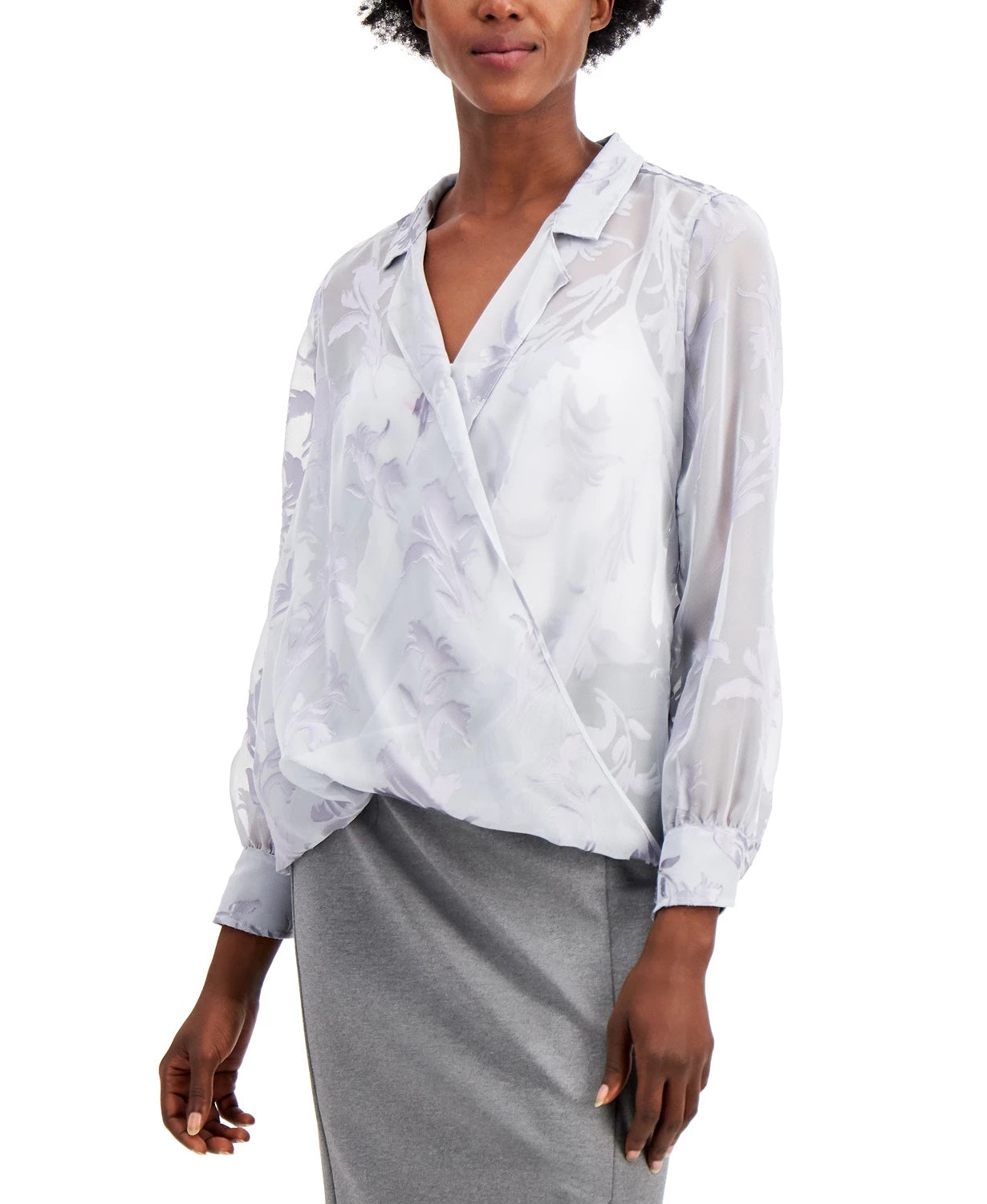 Blusa Alfani Feminina com Detalhe de Burnout e Envoltório Falso Cinza Tamanho Grande