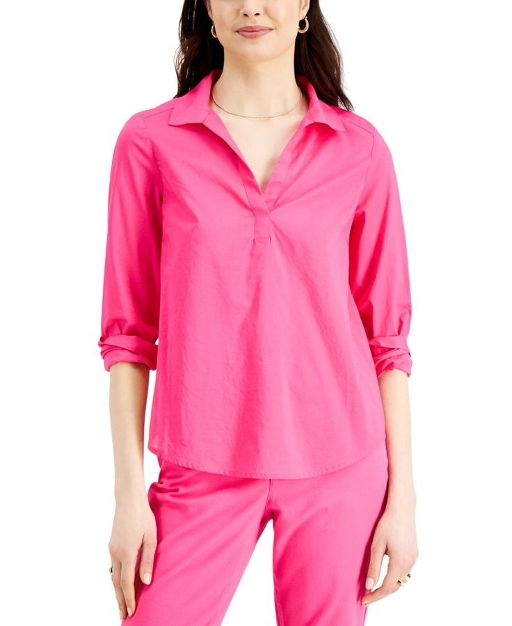 Blusa feminina Charter Club de algodão com gola rosa, tamanho pequeno médio