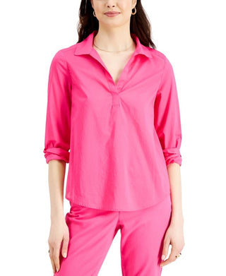 Blusa feminina Charter Club de algodão com gola rosa, tamanho pequeno médio