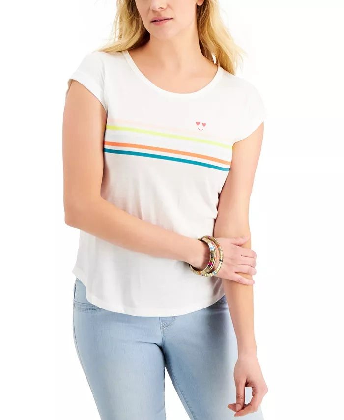 Camiseta feminina com estampa Happy Stripes da Style &amp; Co, branca, tamanho X-S