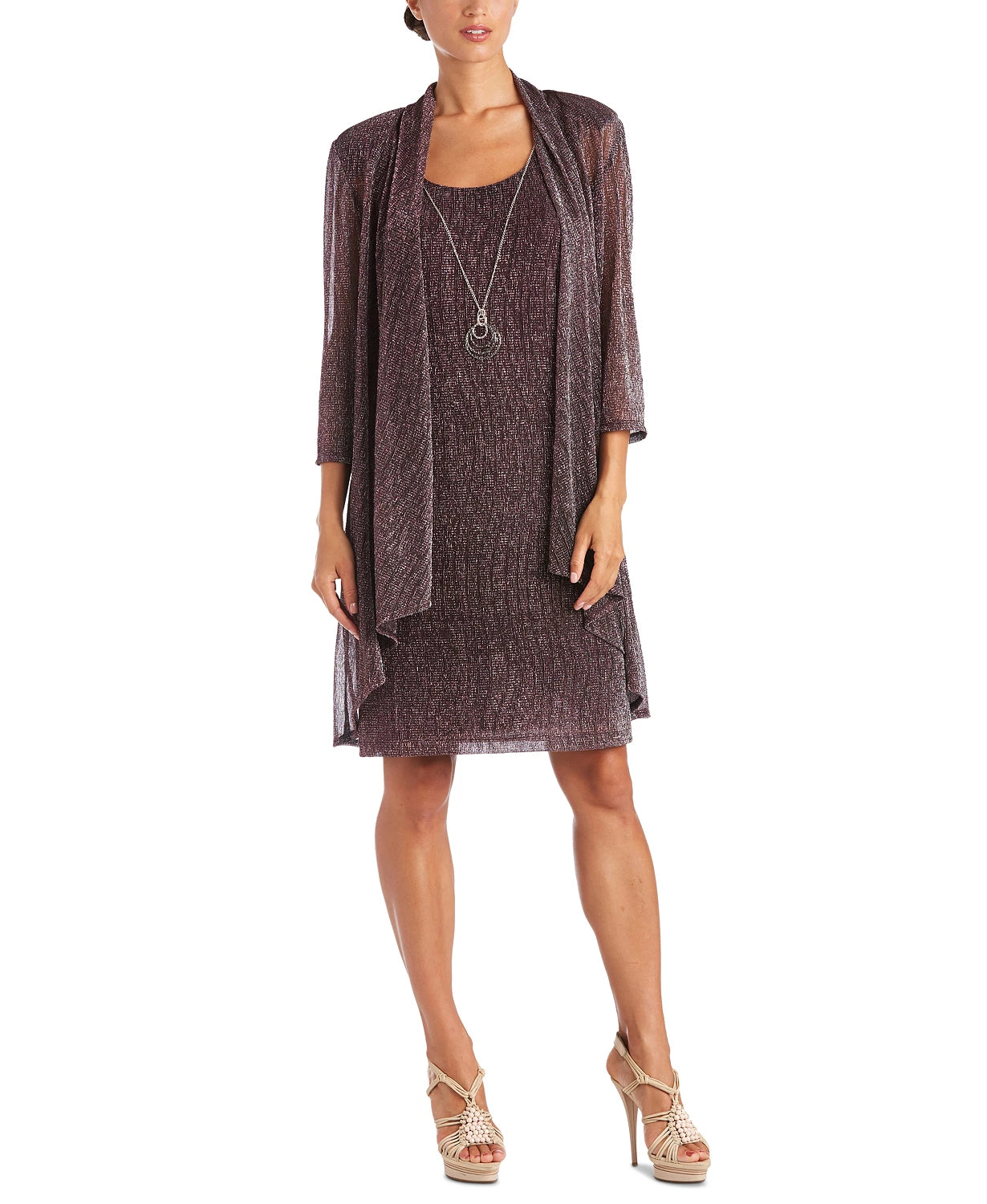 Vestido e jaqueta de malha amassada feminina R &amp; M Richards, tamanho 14 P, vermelho escuro