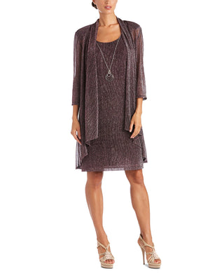 Vestido e jaqueta de malha amassada feminina R &amp; M Richards, tamanho 14 P, vermelho escuro