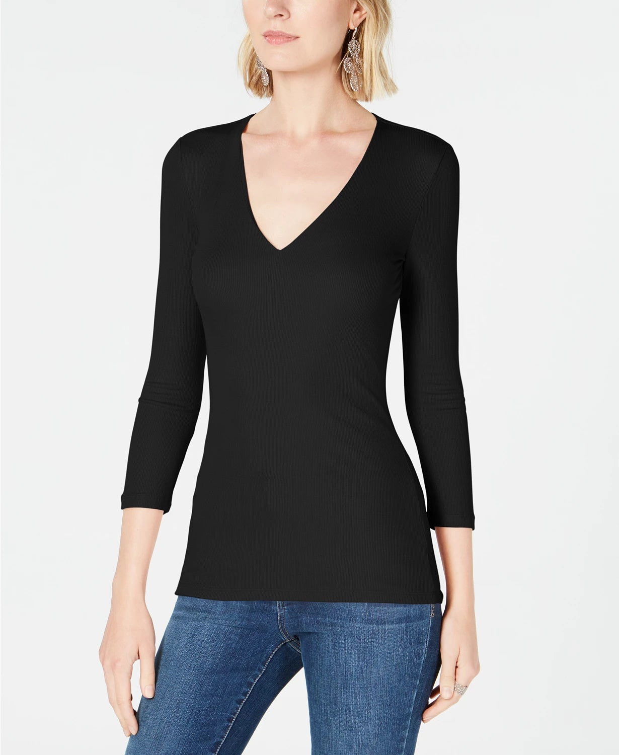 Top canelado feminino INC International Concepts, preto, tamanho extra pequeno