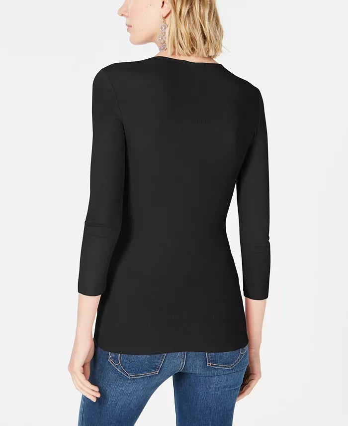 Top canelado feminino INC International Concepts, preto, tamanho extra pequeno