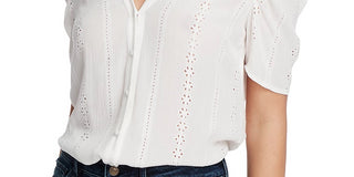 1.STATE Women's Eyelet Puff-Sleeve Crinkle Top White