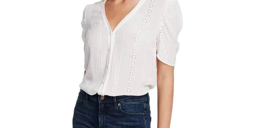 1.STATE Blusa feminina com ilhós e manga bufante, amassada, branca