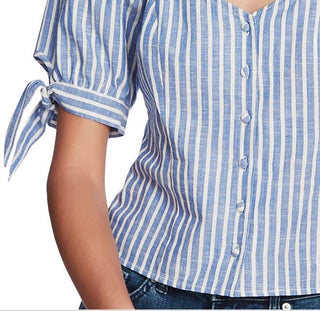 1.STATE Women's Riviera Stripe Tie Cuff Top Blue