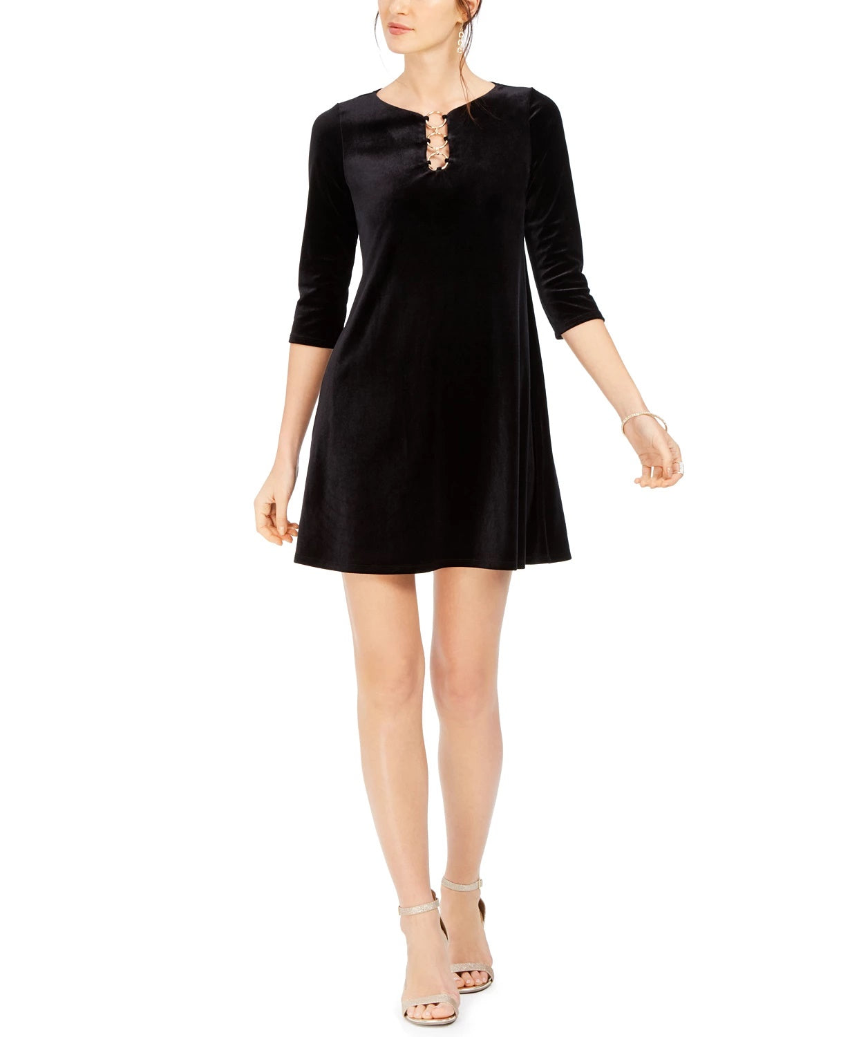 Vestido feminino MSK de veludo com três argolas, tamanho médio, preto