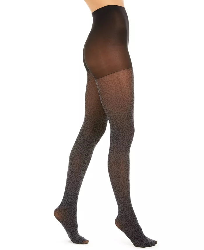 Meia-calça feminina DKNY com estampa de leopardo, cinza, tamanho pequeno