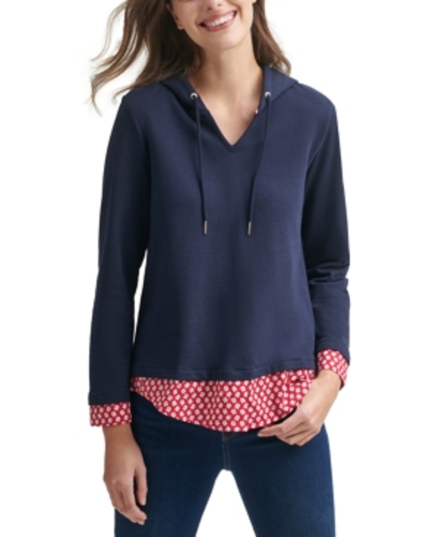 Tommy Hilfiger Moletom com capuz feminino em camadas, azul marinho, tamanho XXG
