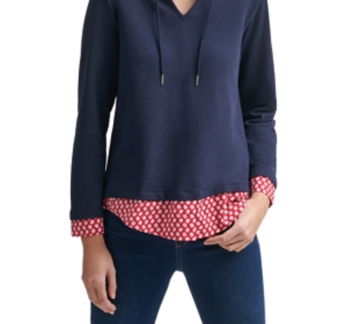 Tommy Hilfiger Moletom com capuz feminino em camadas, azul marinho, tamanho XXG
