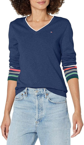 Suéter Tommy Hilfiger Feminino de Algodão com Gola V Azul Tamanho XG