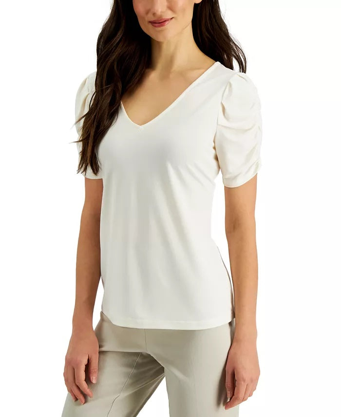 Blusa feminina JPR Studio com manga franzida, branca, tamanho grande
