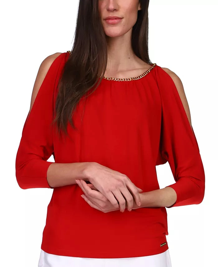 Blusa feminina Michael Kors com acabamento em corrente e mangas cortadas, vermelha escura, tamanho extra grande