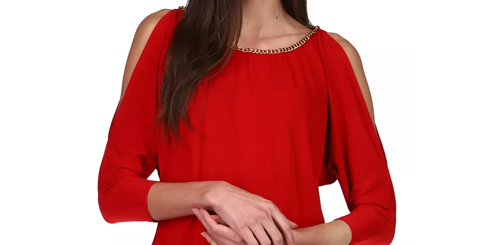 Blusa feminina Michael Kors com acabamento em corrente e mangas cortadas, vermelha escura, tamanho extra grande