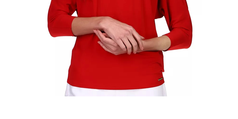 Blusa feminina Michael Kors com acabamento em corrente e mangas cortadas, vermelha escura, tamanho extra grande