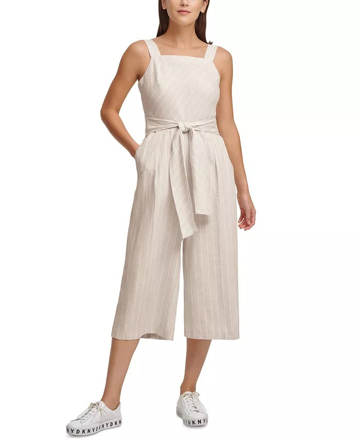 Macacão feminino DKNY listrado com cinto e pernas largas, tamanho extra grande, branco