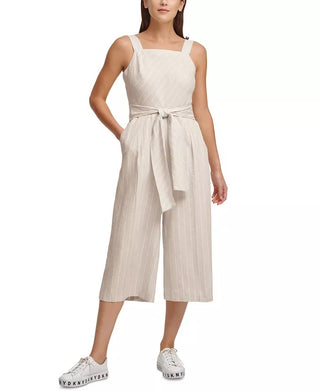 Macacão feminino DKNY listrado com cinto e pernas largas, tamanho extra grande, branco