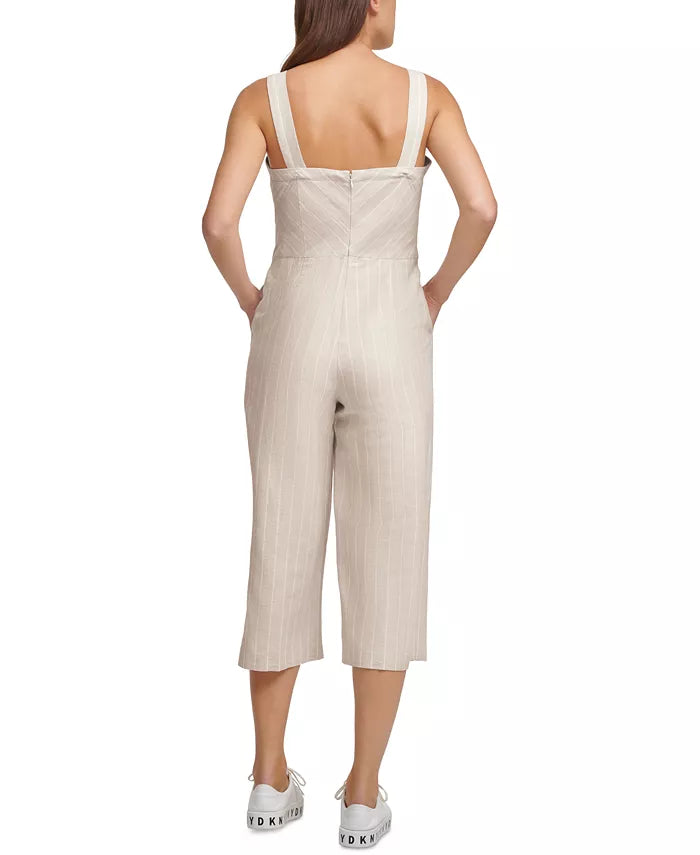 Macacão feminino DKNY listrado com cinto e pernas largas, tamanho extra grande, branco