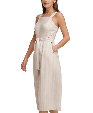 Macacão feminino DKNY listrado com cinto e pernas largas, tamanho extra grande, branco