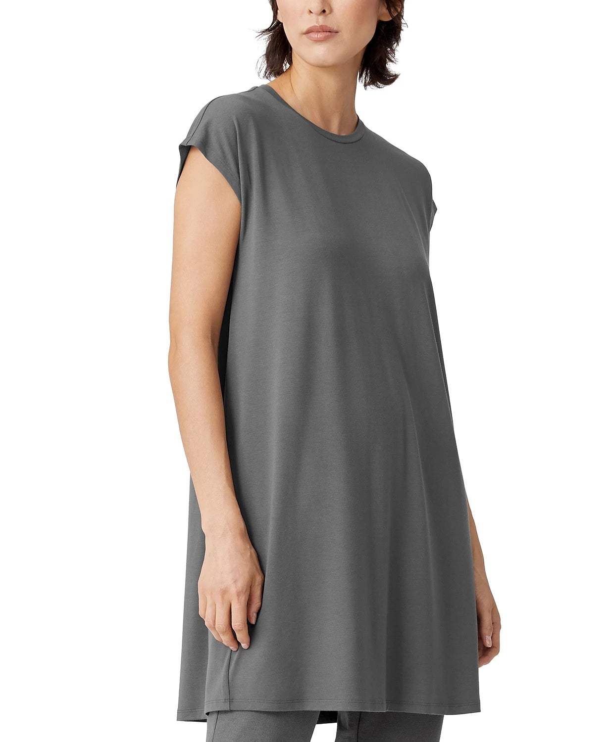 Vestido feminino Eileen Fisher com decote redondo e caimento justo, cinza, tamanho médio