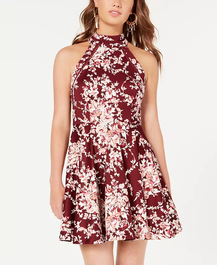 Vestido estampado de gola alta com acabamento em crochê e ajuste evasê B Darlin Juniors, tamanho 7, vermelho
