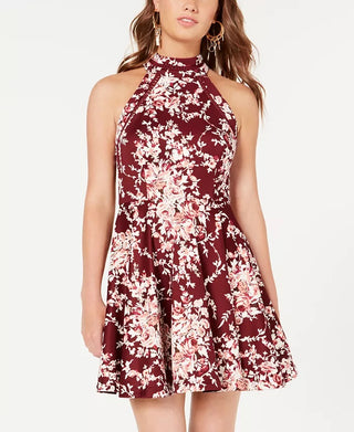 B Darlin Juniors' Printed Mock-Neck Crochet-Trim Fit & Flare Dress Red Size 7