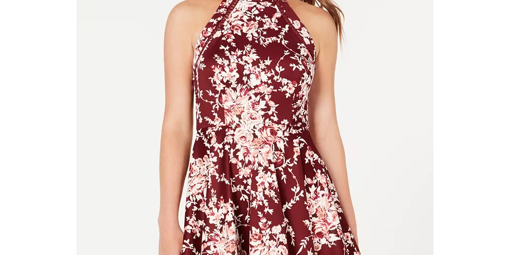 Vestido estampado de gola alta com acabamento em crochê e ajuste evasê B Darlin Juniors, tamanho 7, vermelho