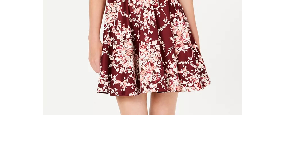 Vestido estampado de gola alta com acabamento em crochê e ajuste evasê B Darlin Juniors, tamanho 7, vermelho