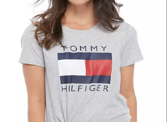 Camiseta Tommy Hilfiger Sport Logo com nó frontal, feminina, cinza, tamanho pequeno