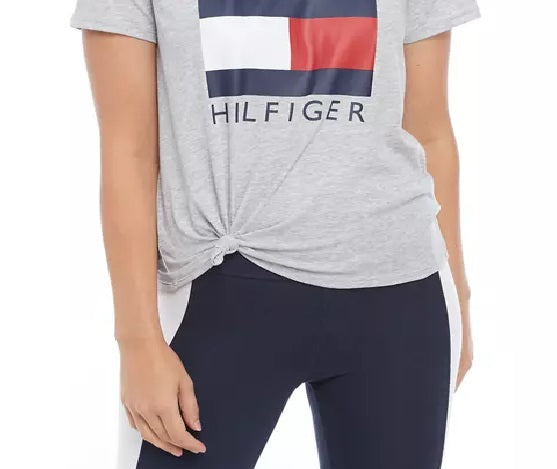 Camiseta Tommy Hilfiger Sport Logo com nó frontal, feminina, cinza, tamanho pequeno